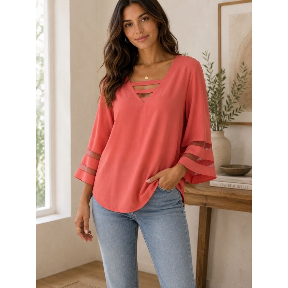 Coral Strappy V-Neck Tunic Top Women’s Size Large 3/4 Sleeve Casual Boho Blouse